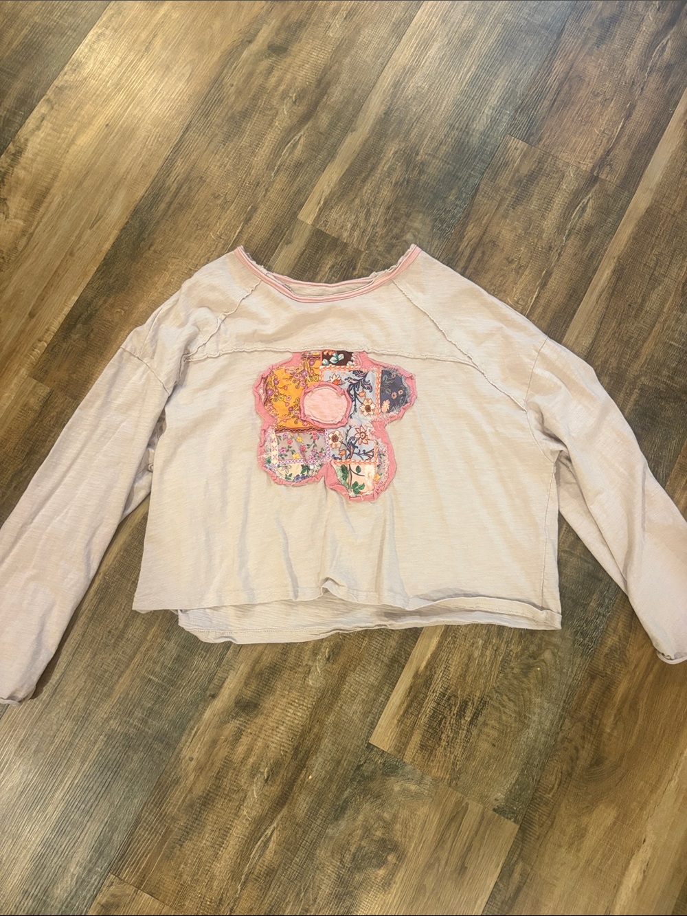 SHEIN Light Pink Long Sleeve Top with Colorful Floral Appliqué